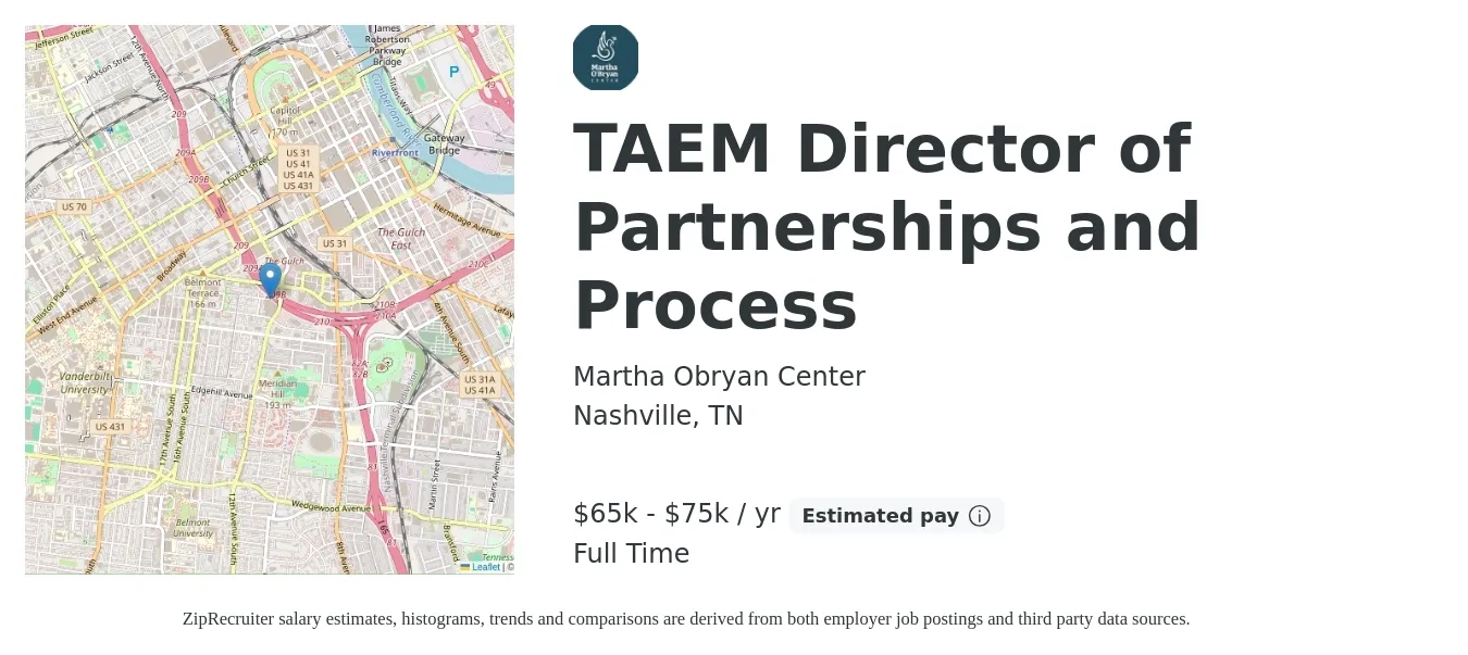 Martha Obryan Center job posting for a TAEM Director of Partnerships and Process in Nashville, TN with a salary of $65,000 to $75,000 Yearly with a map of Nashville location.