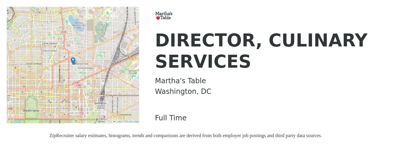 Martha's Table job posting for a Director, Culinary Services in Washington, DC with a salary of $83,568 to $88,000 Yearly with a map of Washington location.