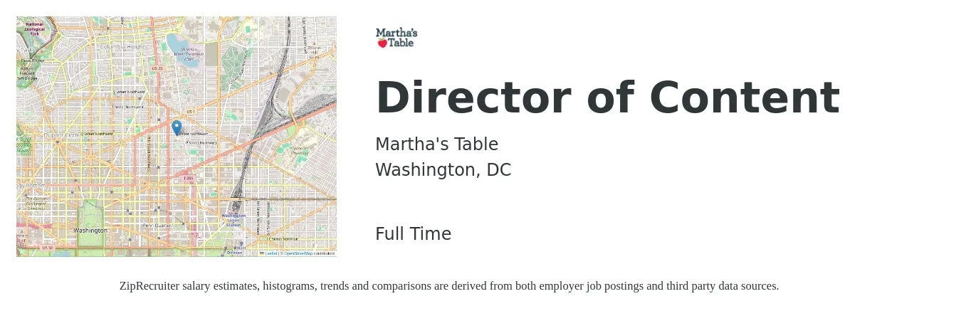 Martha's Table job posting for a Director of Content in Washington, DC with a salary of $100,000 to $110,000 Yearly with a map of Washington location.
