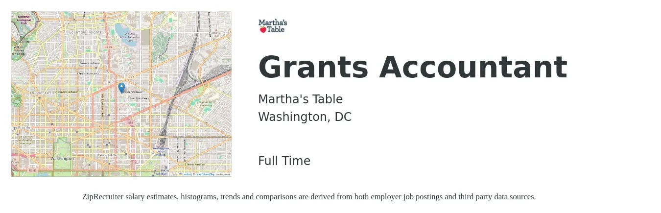 Martha's Table job posting for a Grants Accountant in Washington, DC with a salary of $60,000 to $73,000 Yearly with a map of Washington location.