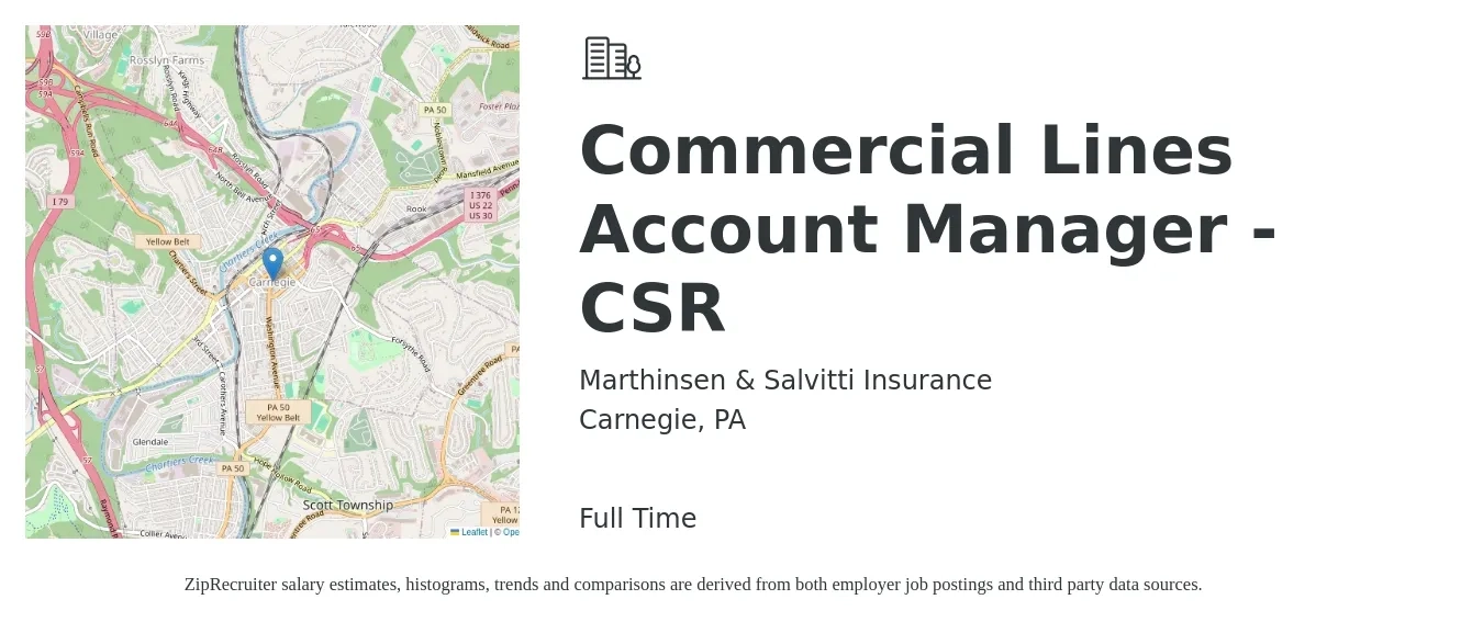 Marthinsen & Salvitti Insurance job posting for a Commercial Lines Account Manager - CSR in Carnegie, PA with a salary of $53,200 to $77,200 Yearly with a map of Carnegie location.