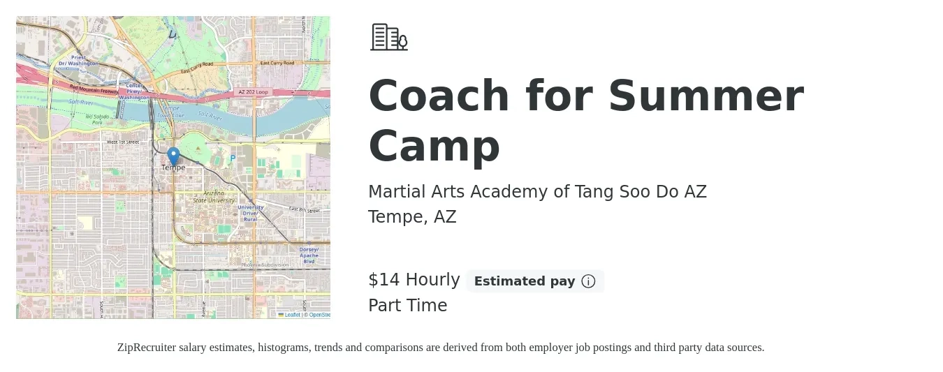 Martial Arts Academy of Tang Soo Do AZ job posting for a Coach for Summer Camp in Tempe, AZ with a salary of $15 Hourly with a map of Tempe location.