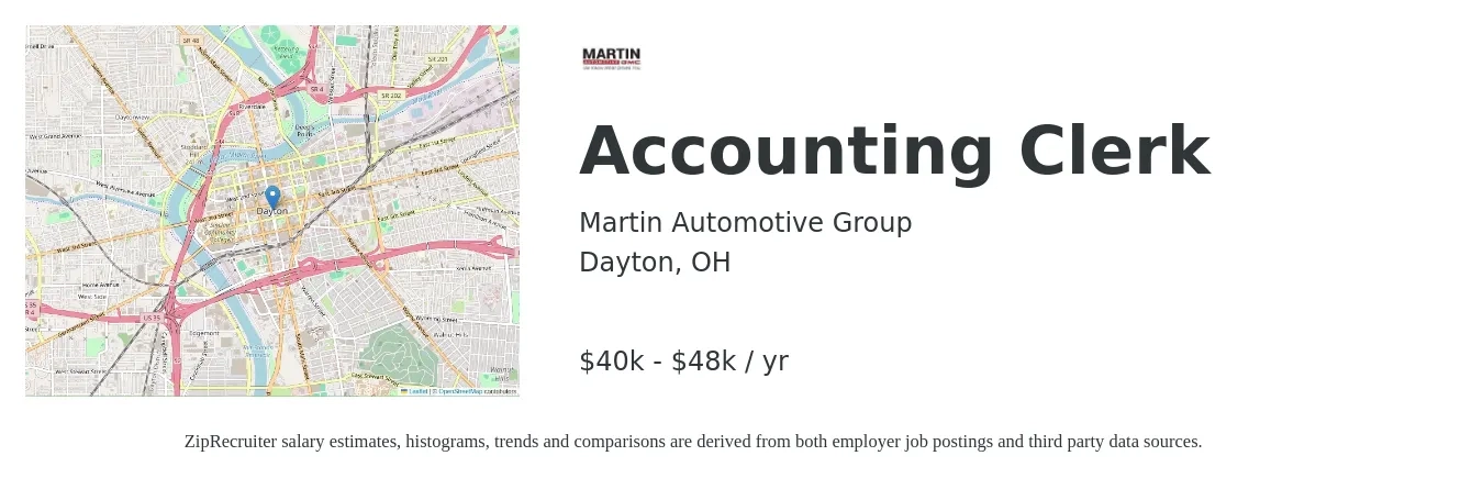 Martin Automotive Group job posting for a Accounting Clerk in Dayton, OH with a salary of $40,000 to $48,000 Yearly with a map of Dayton location.