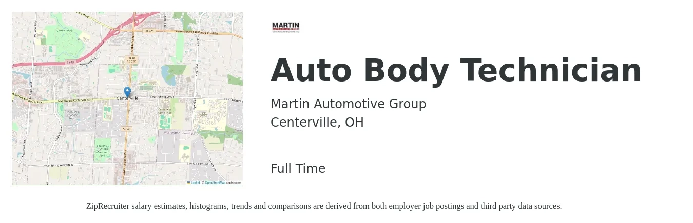 Martin Automotive Group job posting for a Auto Body Technician in Centerville, OH with a salary of $20 to $31 Hourly with a map of Centerville location.