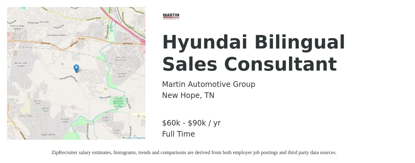 Martin Automotive Group job posting for a Hyundai Bilingual Sales Consultant in New Hope, TN with a salary of $60,000 to $90,000 Yearly with a map of New Hope location.
