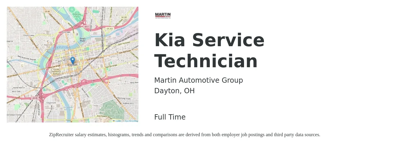 Martin Automotive Group job posting for a Kia Service Technician in Dayton, OH with a salary of $18 to $30 Hourly with a map of Dayton location.