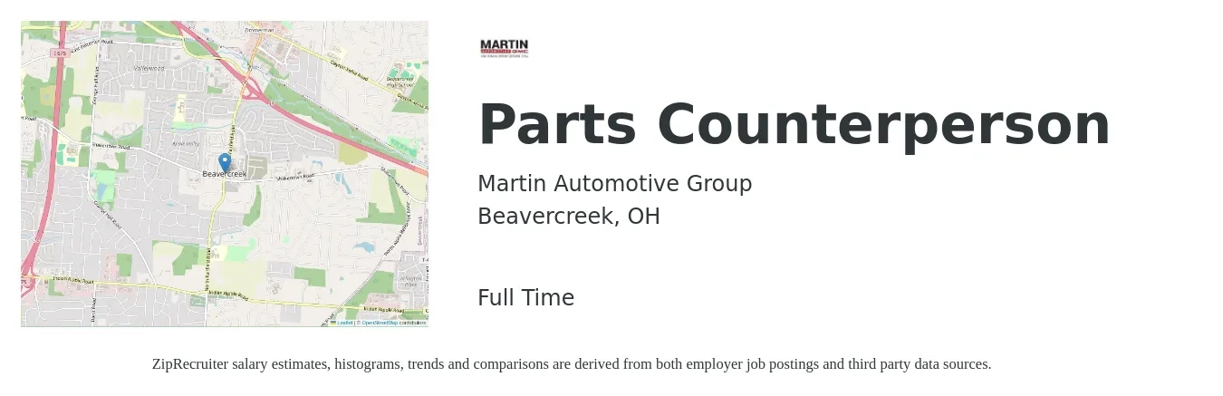 Martin Automotive Group job posting for a Parts Counterperson in Beavercreek, OH with a salary of $16 to $23 Hourly with a map of Beavercreek location.