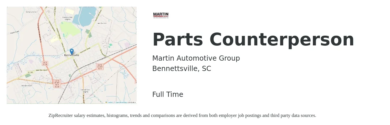 Martin Automotive Group job posting for a Parts Counterperson in Bennettsville, SC with a salary of $17 to $24 Hourly with a map of Bennettsville location.