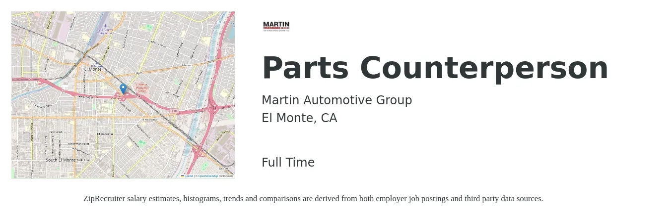 Martin Automotive Group job posting for a Parts Counterperson in El Monte, CA with a salary of $18 to $22 Hourly with a map of El Monte location.