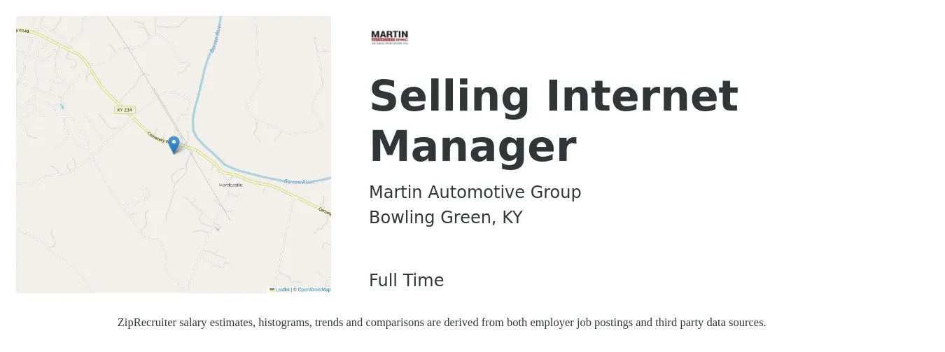 Martin Automotive Group job posting for a Selling Internet Manager in Bowling Green, KY with a salary of $18 to $42 Hourly with a map of Bowling Green location.