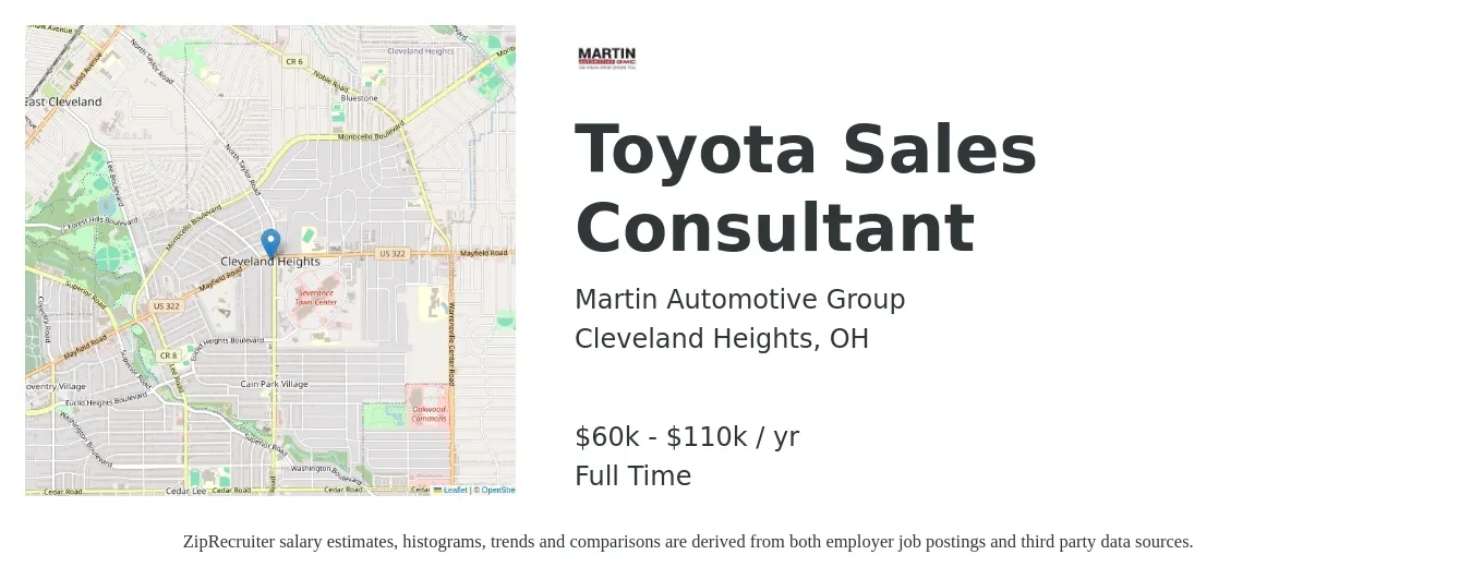 Martin Automotive Group job posting for a Toyota Sales Consultant in Cleveland Heights, OH with a salary of $60,000 to $110,000 Yearly with a map of Cleveland Heights location.
