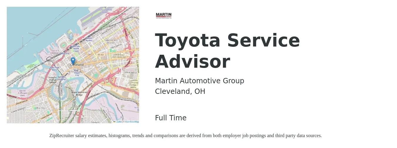 Martin Automotive Group job posting for a Toyota Service Advisor in Cleveland, OH with a salary of $19 to $30 Hourly with a map of Cleveland location.