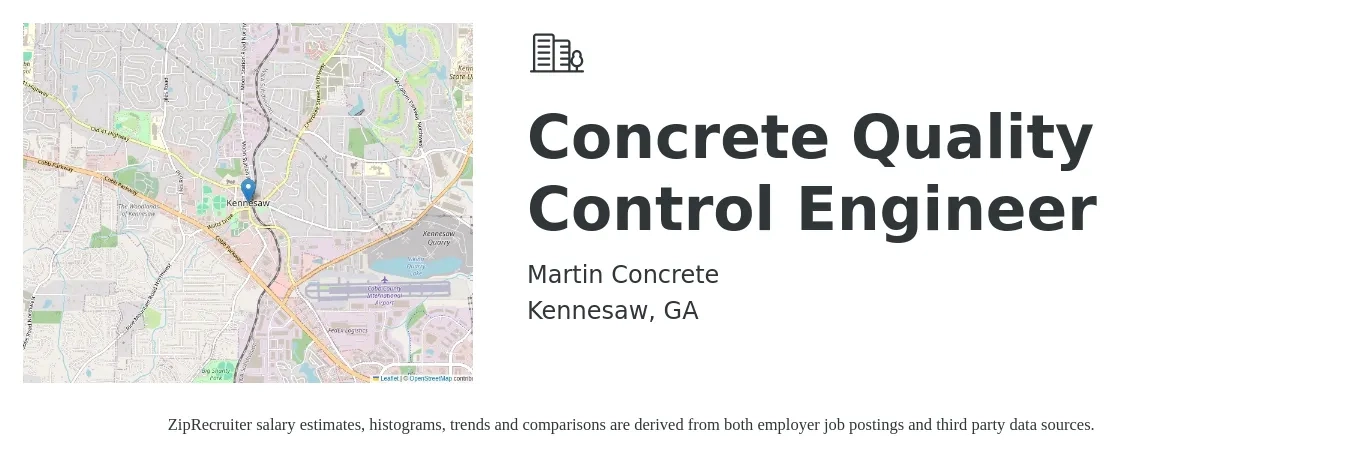 Martin Concrete job posting for a Concrete Quality Control Engineer in Kennesaw, GA with a salary of $55,400 to $89,600 Yearly with a map of Kennesaw location.