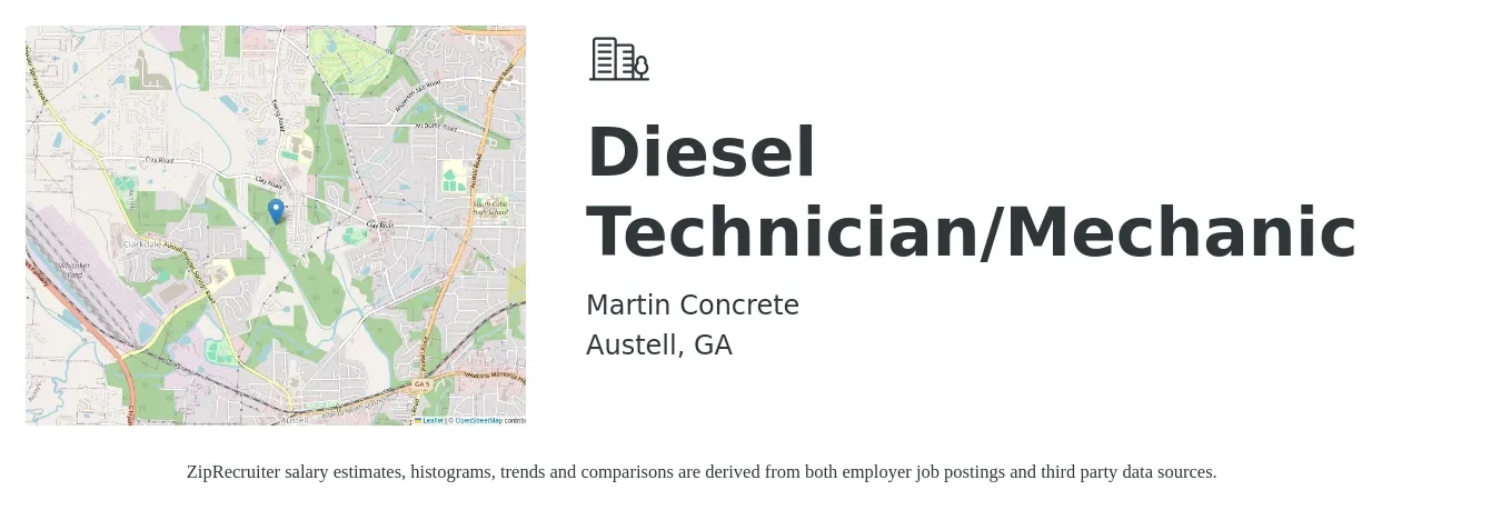 Martin Concrete job posting for a Diesel Technician/Mechanic in Austell, GA with a salary of $24 to $32 Hourly with a map of Austell location.