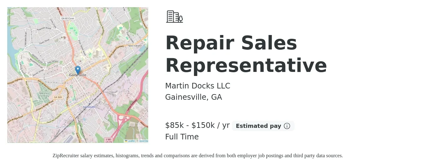 Martin Docks LLC job posting for a Repair Sales Representative in Gainesville, GA with a salary of $85,000 to $350,000 Yearly with a map of Gainesville location.