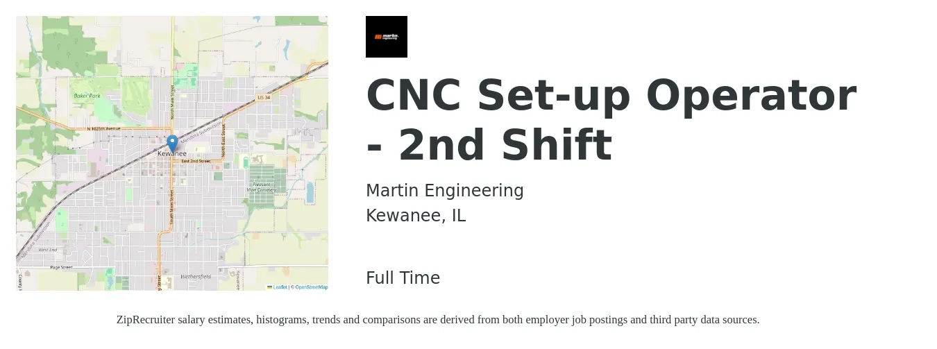 Martin Engineering job posting for a CNC Set-up Operator - 2nd Shift in Kewanee, IL with a salary of $17 to $24 Hourly with a map of Kewanee location.