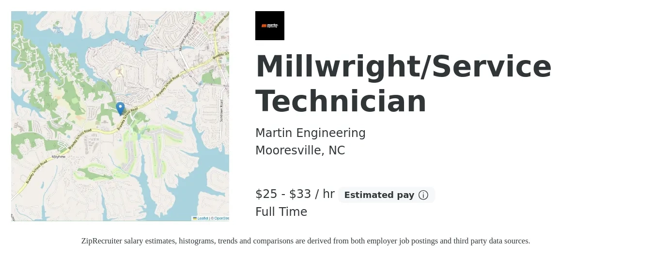Martin Engineering job posting for a Millwright/Service Technician in Mooresville, NC with a salary of $27 to $35 Hourly with a map of Mooresville location.
