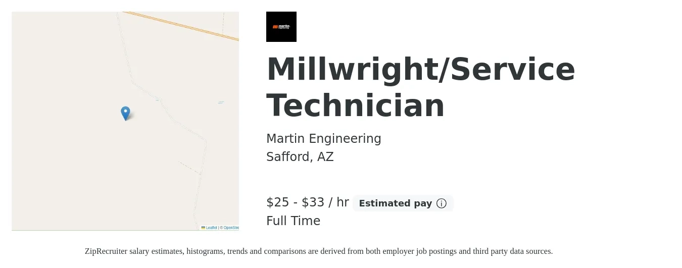 Martin Engineering job posting for a Millwright/Service Technician in Safford, AZ with a salary of $27 to $35 Hourly with a map of Safford location.