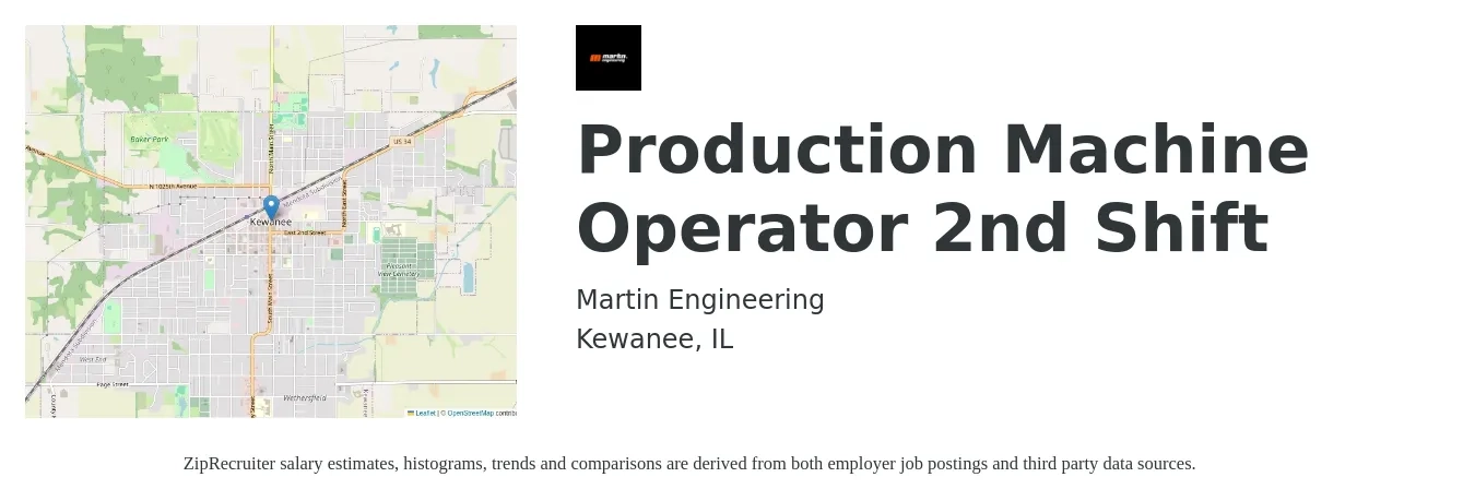 Martin Engineering job posting for a Production Machine Operator 2nd Shift in Kewanee, IL with a salary of $15 to $18 Hourly with a map of Kewanee location.