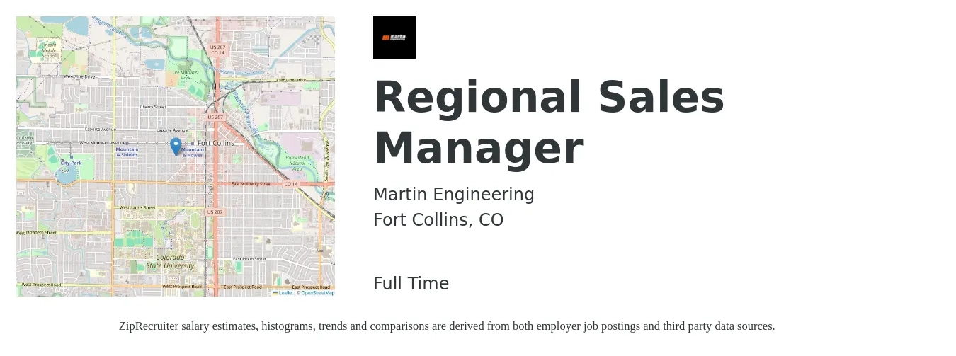 Martin Engineering job posting for a Regional Sales Manager in Fort Collins, CO with a salary of $71,200 to $111,200 Yearly with a map of Fort Collins location.