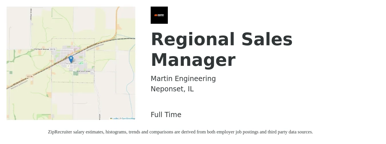 Martin Engineering job posting for a Regional Sales Manager in Neponset, IL with a salary of $66,700 to $104,200 Yearly with a map of Neponset location.