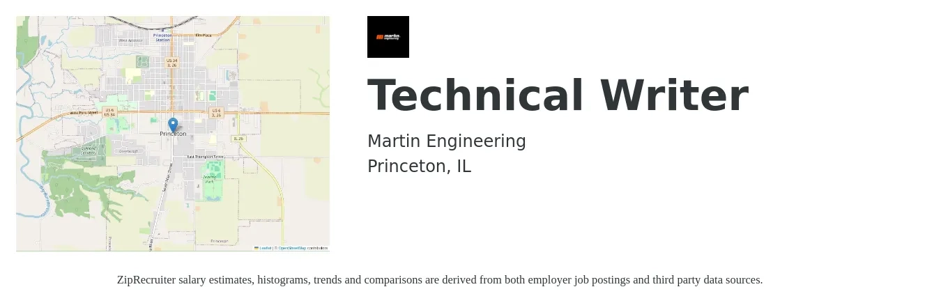 Martin Engineering job posting for a Technical Writer in Princeton, IL with a salary of $29 to $47 Hourly with a map of Princeton location.