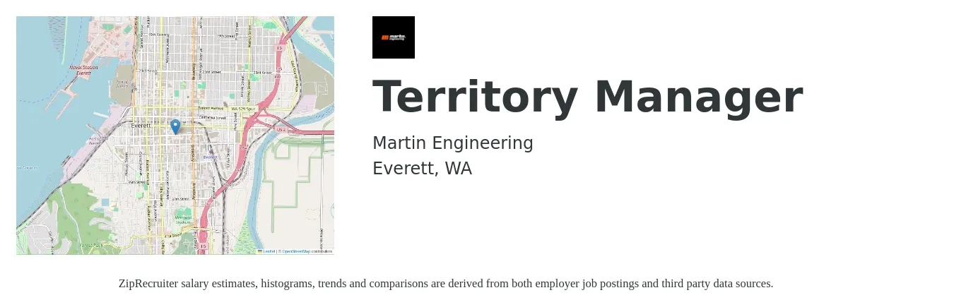Martin Engineering job posting for a Territory Manager in Everett, WA with a salary of $82,800 to $123,200 Yearly with a map of Everett location.