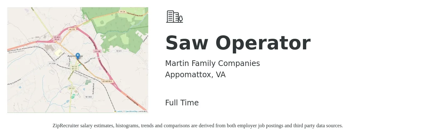 Martin Family Companies job posting for a Saw Operator in Appomattox, VA with a salary of $16 to $19 Hourly with a map of Appomattox location.