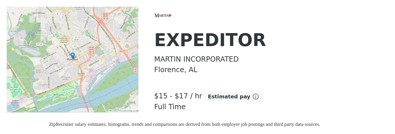 MARTIN INCORPORATED job posting for a EXPEDITOR in Florence, AL with a salary of $16 to $18 Hourly with a map of Florence location.