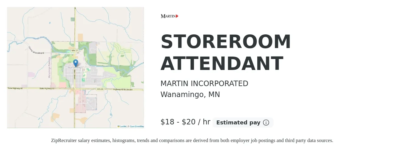MARTIN INCORPORATED job posting for a STOREROOM ATTENDANT in Wanamingo, MN with a salary of $19 to $22 Hourly with a map of Wanamingo location.