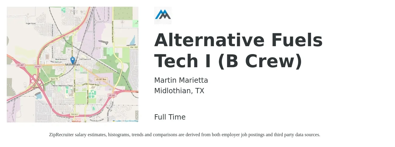 Martin Marietta job posting for a Alternative Fuels Tech I (B Crew) in Midlothian, TX with a salary of $19 to $26 Hourly with a map of Midlothian location.