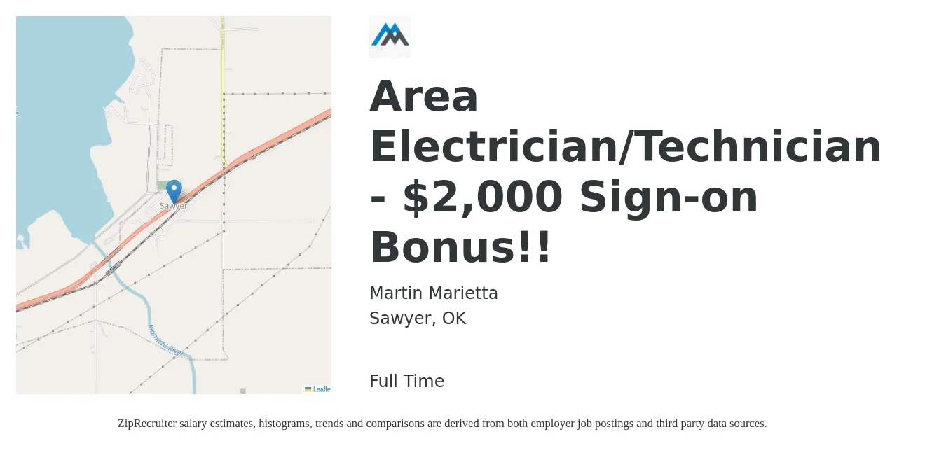 Martin Marietta job posting for a Area Electrician/Technician - $2,000 Sign-on Bonus!! in Sawyer, OK with a salary of $20 to $30 Hourly with a map of Sawyer location.
