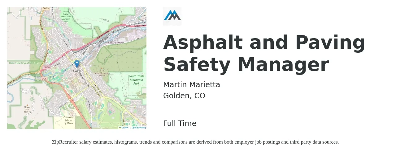 Martin Marietta job posting for a Asphalt and Paving Safety Manager in Golden, CO with a salary of $29 to $44 Hourly with a map of Golden location.