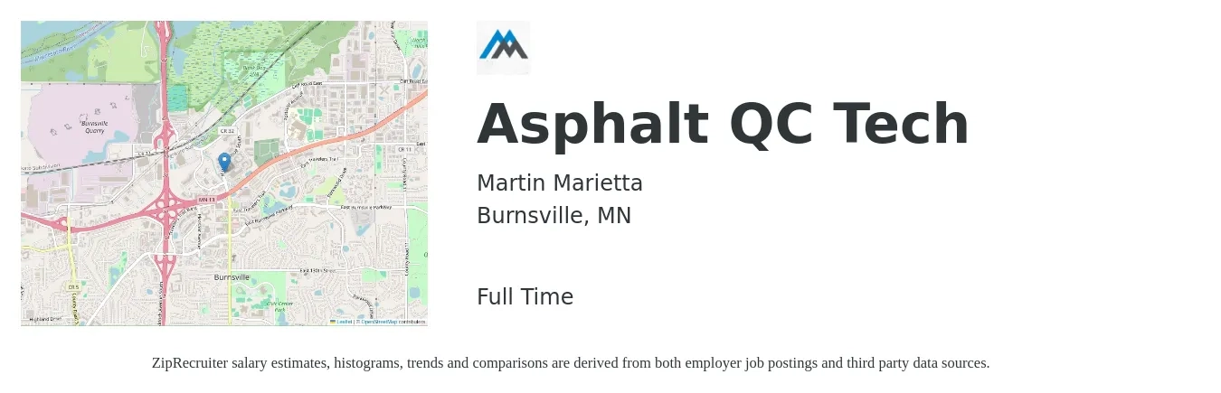 Martin Marietta job posting for a Asphalt QC Tech in Burnsville, MN with a salary of $22 Hourly with a map of Burnsville location.