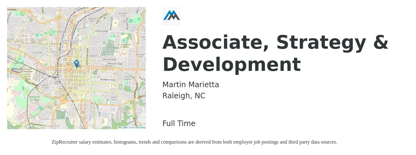 Martin Marietta job posting for a Associate, Strategy & Development in Raleigh, NC with a salary of $69,000 to $121,500 Yearly with a map of Raleigh location.