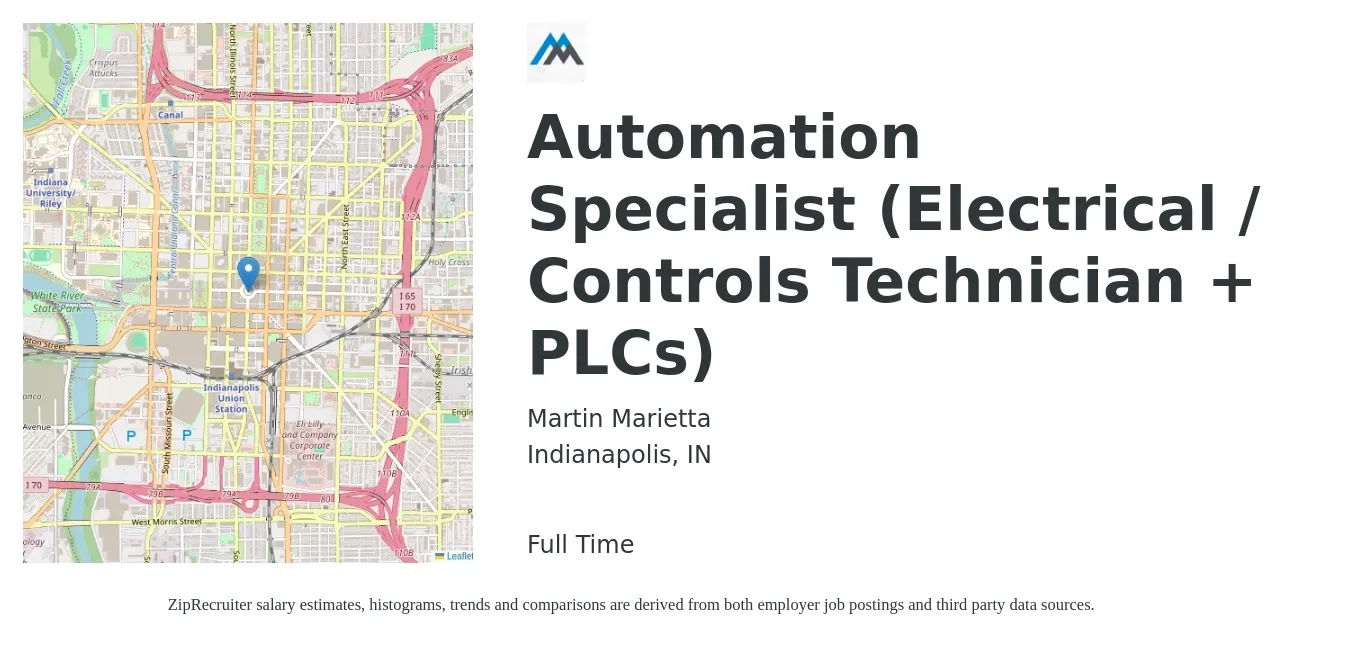 Martin Marietta job posting for a Automation Specialist (Electrical / Controls Technician + PLCs) in Indianapolis, IN with a salary of $54,500 to $94,200 Yearly with a map of Indianapolis location.