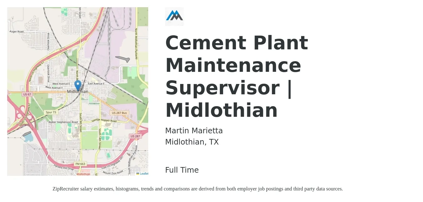 Martin Marietta job posting for a Cement Plant Maintenance Supervisor | Midlothian in Midlothian, TX with a salary of $22 to $37 Hourly with a map of Midlothian location.