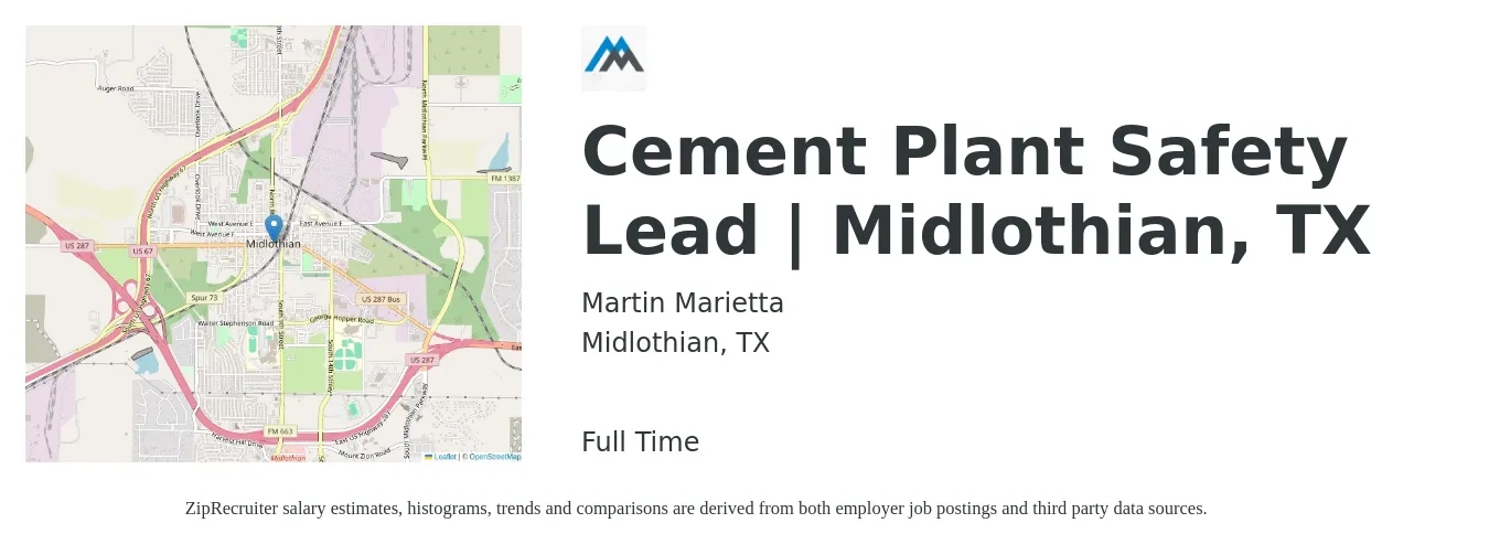 Martin Marietta job posting for a Cement Plant Safety Lead | Midlothian, TX in Midlothian, TX with a salary of $18 to $27 Hourly with a map of Midlothian location.