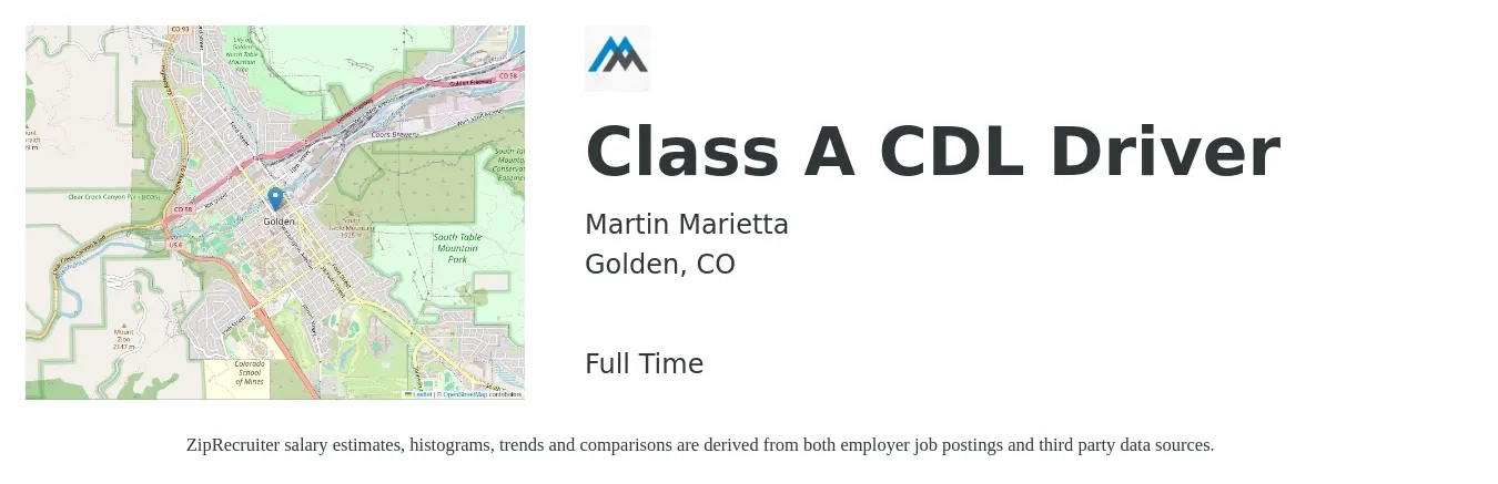 Martin Marietta job posting for a Class A CDL Driver in Golden, CO with a salary of $26 Hourly with a map of Golden location.