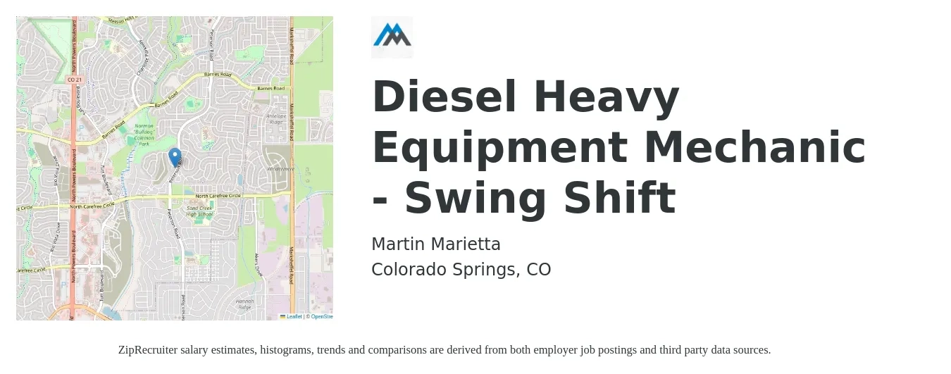 Martin Marietta job posting for a Diesel Heavy Equipment Mechanic - Swing Shift in Colorado Springs, CO with a salary of $24 to $32 Hourly with a map of Colorado Springs location.