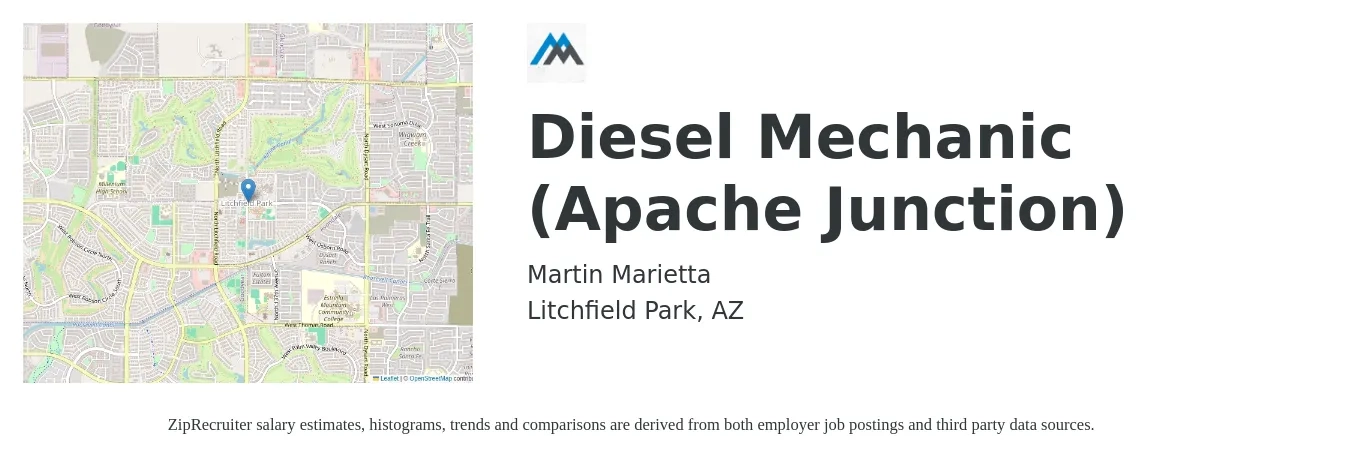 Martin Marietta job posting for a Diesel Mechanic (Apache Junction) in Litchfield Park, AZ with a salary of $25 to $33 Hourly with a map of Litchfield Park location.