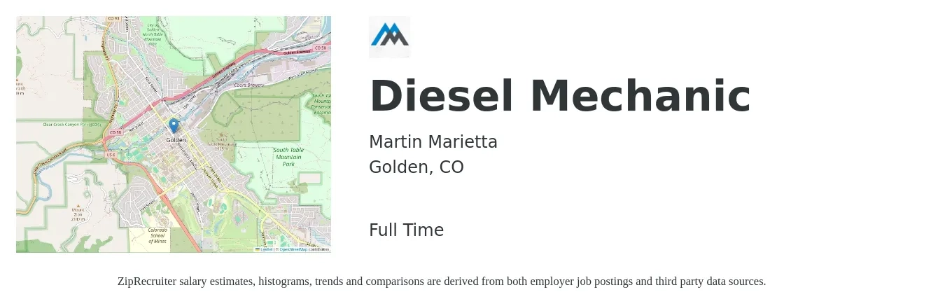 Martin Marietta job posting for a Diesel Mechanic in Golden, CO with a salary of $26 to $34 Hourly with a map of Golden location.