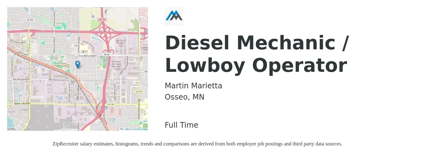 Martin Marietta job posting for a Diesel Mechanic / Lowboy Operator in Osseo, MN with a salary of $21 to $31 Hourly with a map of Osseo location.