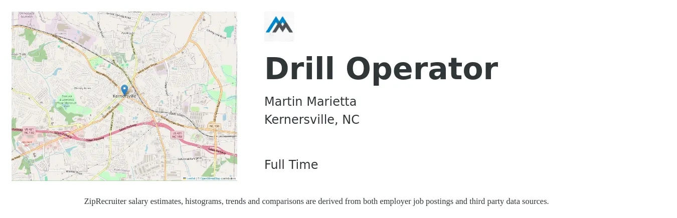 Martin Marietta job posting for a Drill Operator in Kernersville, NC with a salary of $20 to $29 Hourly with a map of Kernersville location.