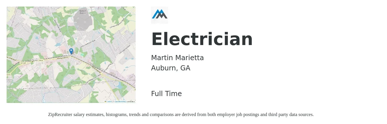 Martin Marietta job posting for a Electrician in Auburn, GA with a salary of $22 to $31 Hourly with a map of Auburn location.