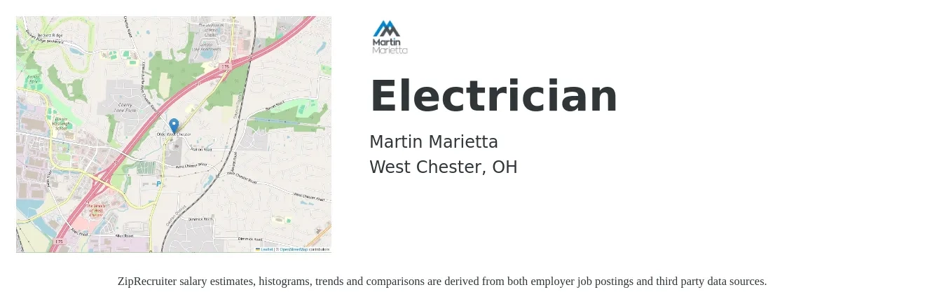 Martin Marietta job posting for a Electrician in West Chester, OH with a salary of $26 to $36 Hourly with a map of West Chester location.