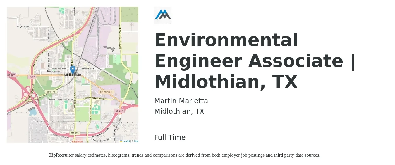 Martin Marietta job posting for a Environmental Engineer Associate | Midlothian, TX in Midlothian, TX with a salary of $61,300 to $88,900 Yearly with a map of Midlothian location.