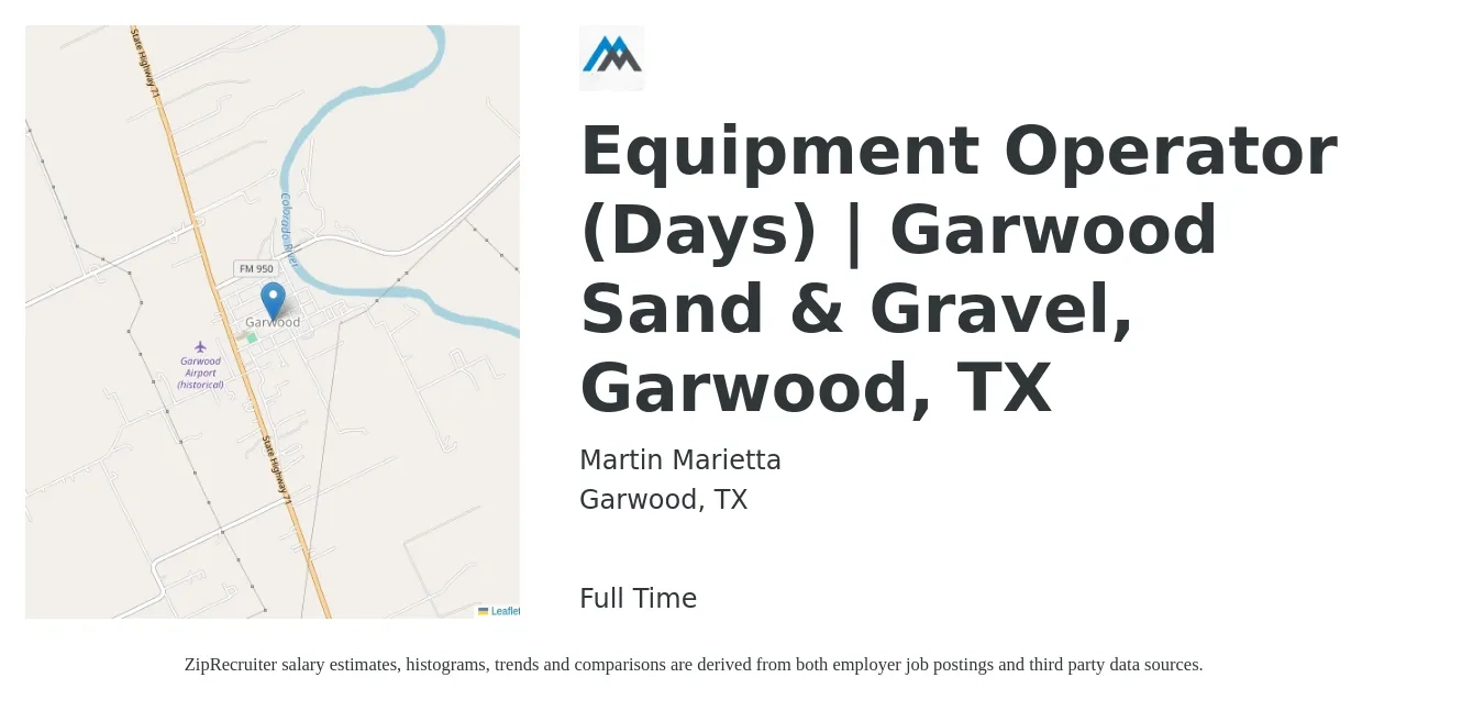 Martin Marietta job posting for a Equipment Operator (Days) | Garwood Sand & Gravel, Garwood, TX in Garwood, TX with a salary of $18 to $24 Hourly with a map of Garwood location.