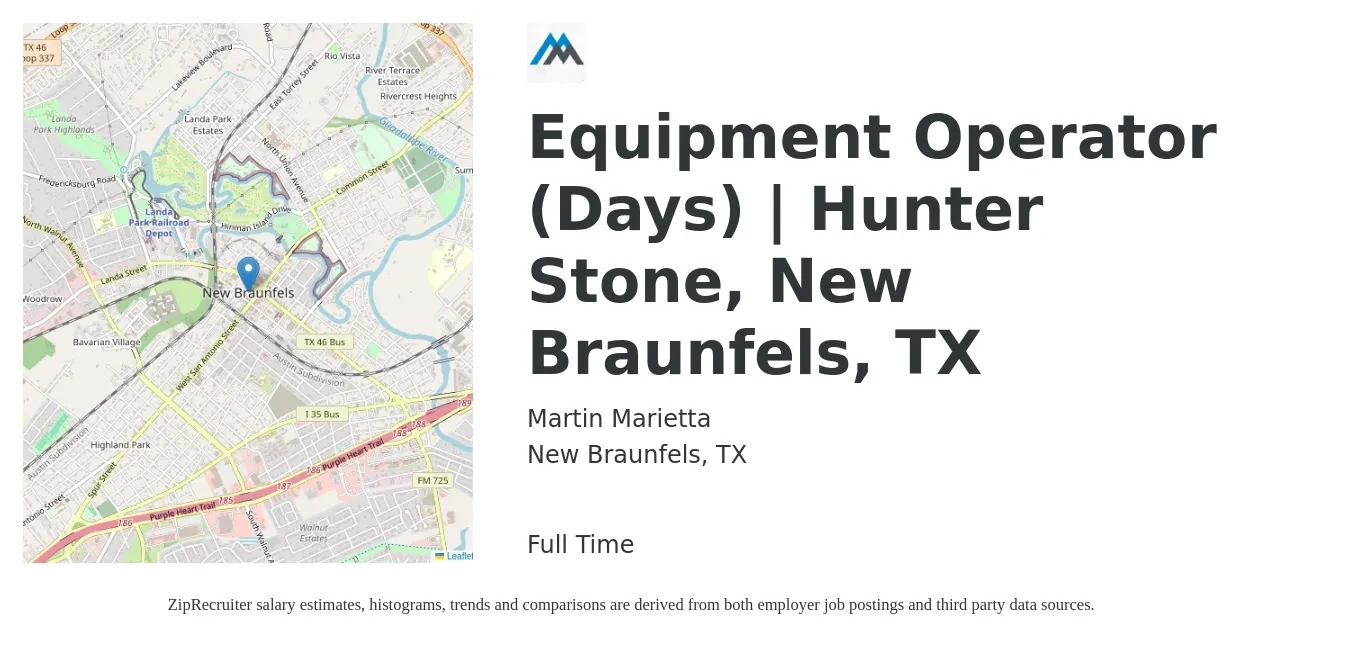 Martin Marietta job posting for a Equipment Operator (Days) | Hunter Stone, New Braunfels, TX in New Braunfels, TX with a salary of $17 to $23 Hourly with a map of New Braunfels location.