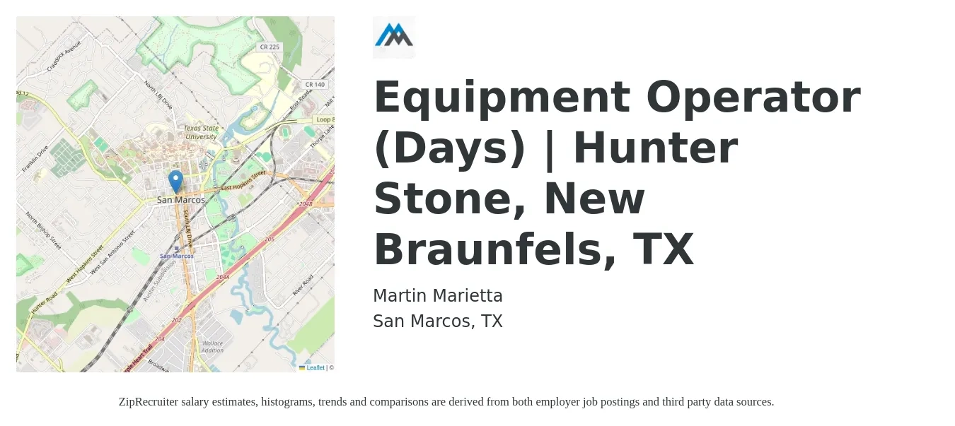 Martin Marietta job posting for a Equipment Operator (Days) | Hunter Stone, New Braunfels, TX in San Marcos, TX with a salary of $17 to $24 Hourly with a map of San Marcos location.